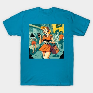 Abstract illustration of woman typing on mobile on the street T-Shirt